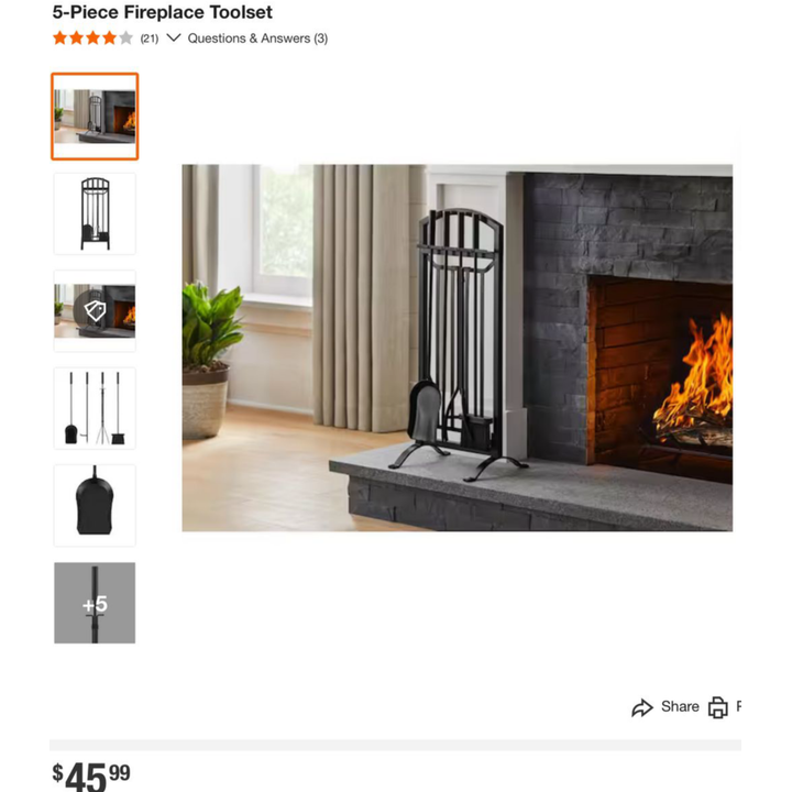 5 Piece Fireplace Toolset With Poker, Shovel, Brush, Tongs, And Stand 12" x 10.6" x 30.1"