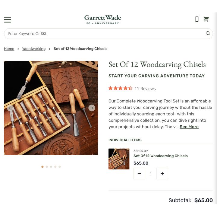 Garrett Wade 12pc Wood Carving Chisel Set w/ Wooden Handles