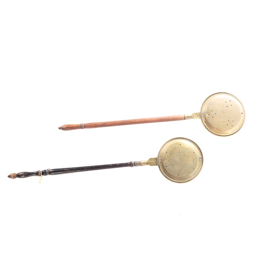 Two American Etched Brass/ Wood Handle Bed Warmers