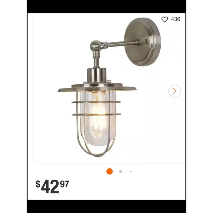 Hampton Bay Waterside Wall Sconce Brushed Nickel Finish Clear Glass Shade- 7'' W x 12.5'' H x 9.2'' D