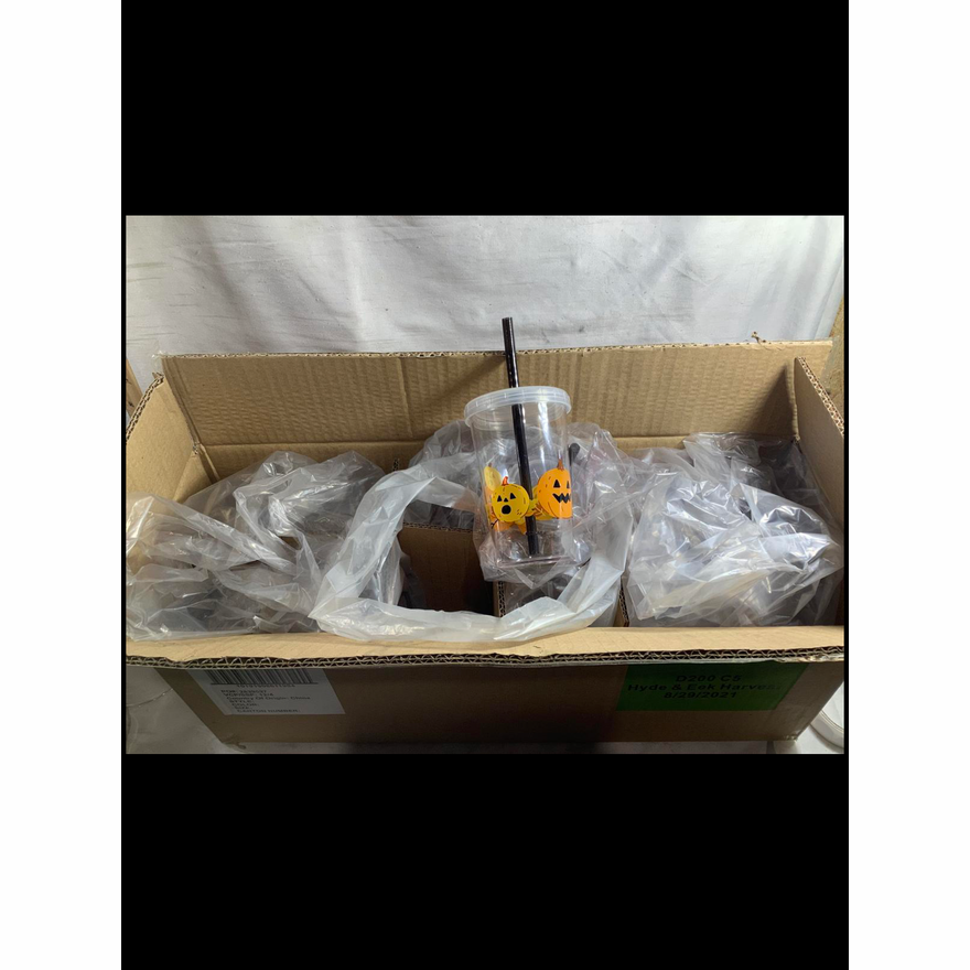 Buying (12) Hyde & Eek Harvest Pumpkins Plastic Cups w/Lids & Straws