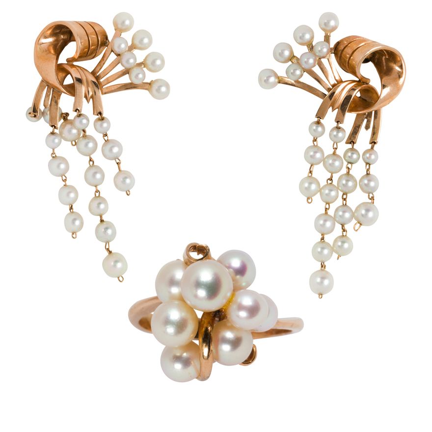A cultured pearl, 14k gold ring and earring set
