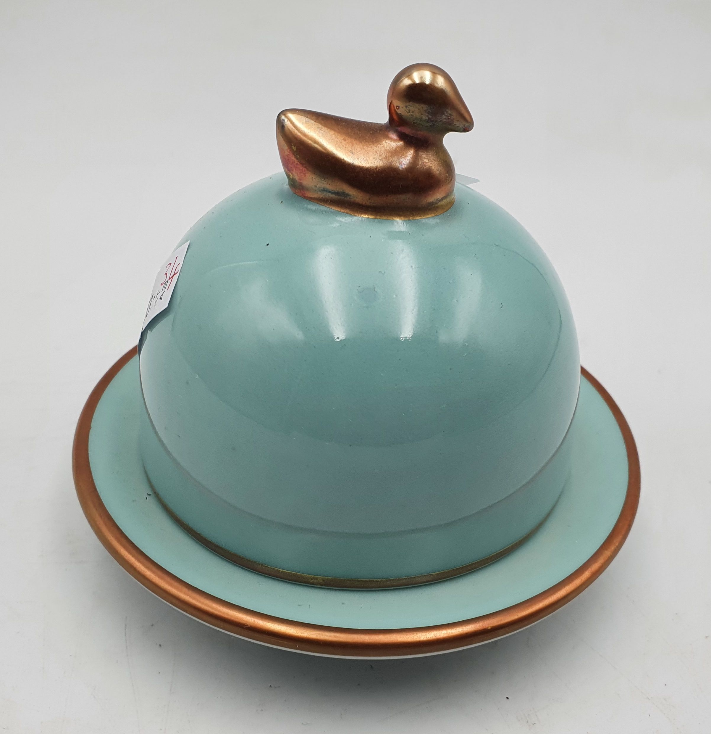 327 · A HARRODS LIMOGES BUTTER DISH WITH DUCK HANDLE