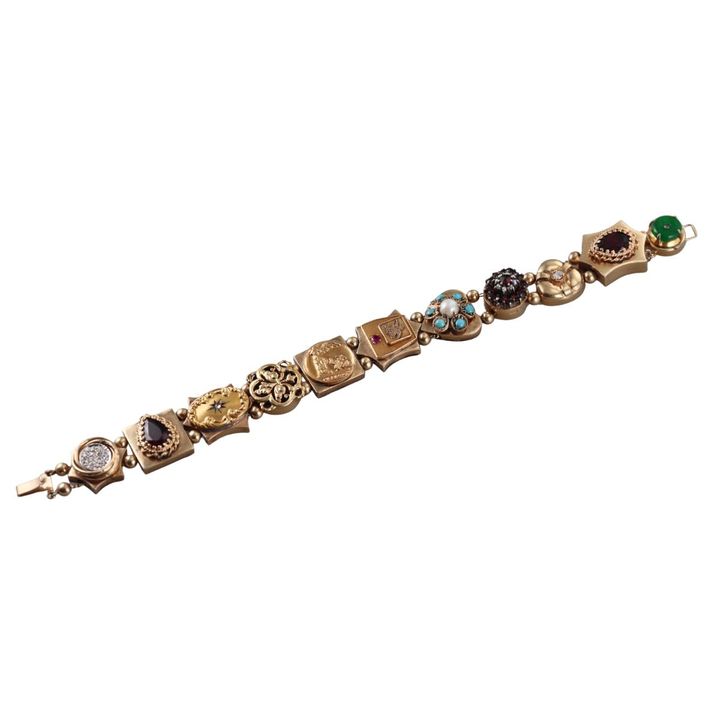 Antique Victorian 14k Gold Gemstone Diamond Slide Bracelet