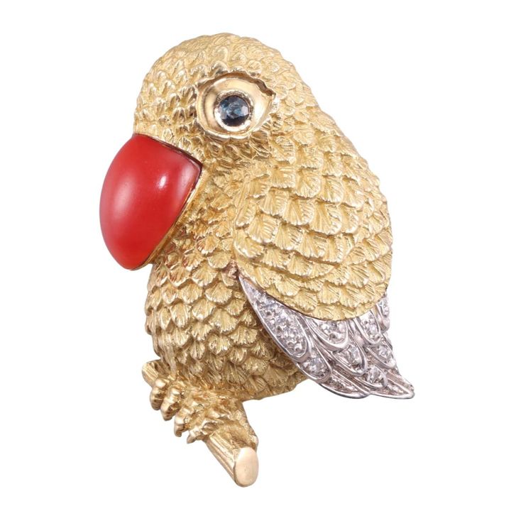 18k Gold Diamond Coral Sapphire Toucan Brooch Pin