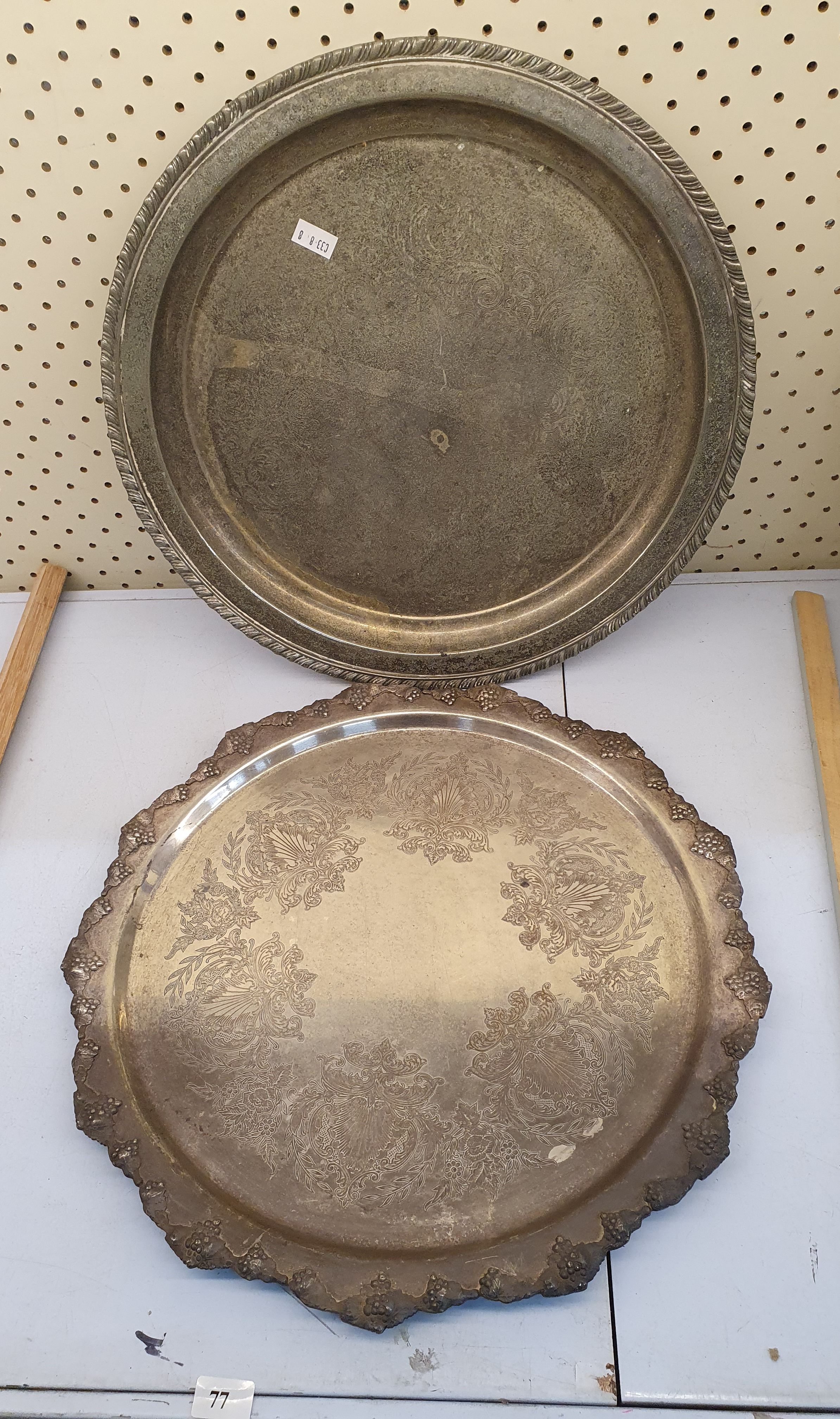 77 · AN OLD SHEFFIELD REPRODUCTION SERVING TRAY AND ONE OTHER