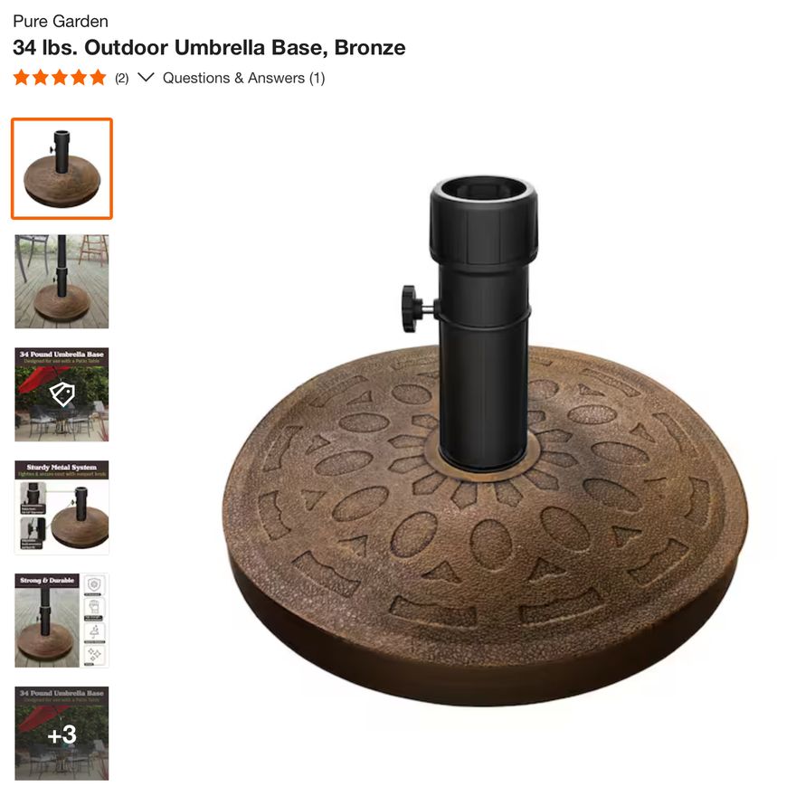 Pure Garden 34lbs Outdoor Umbrella Base- Bronze, In Box