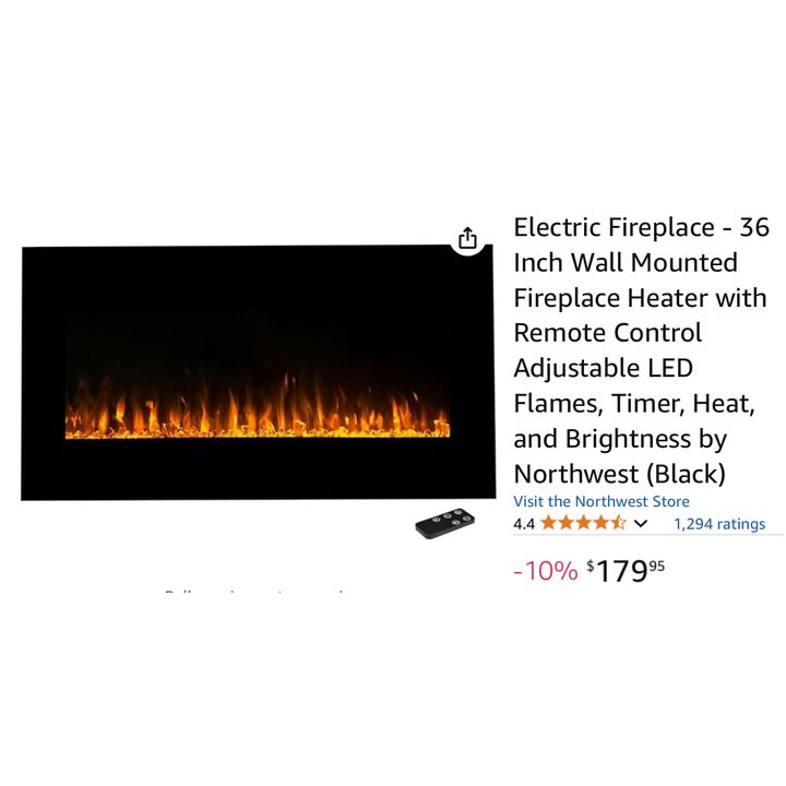 Northwest Electric Fireplace 36'' Wall Mounted w/ Remote Control- Black, 4.75'' D x 36'' W x 18'' H In Box