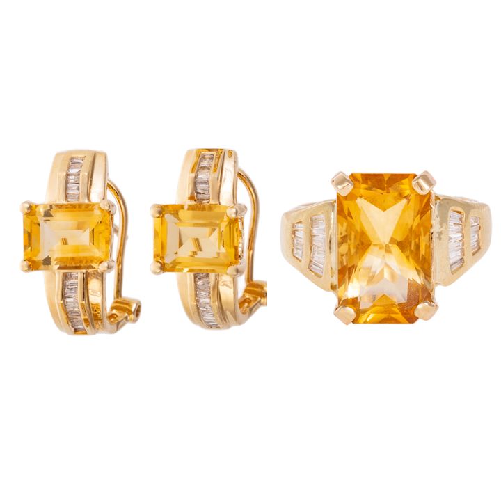 A Diamond & Citrine Cocktail Ring & Earrings