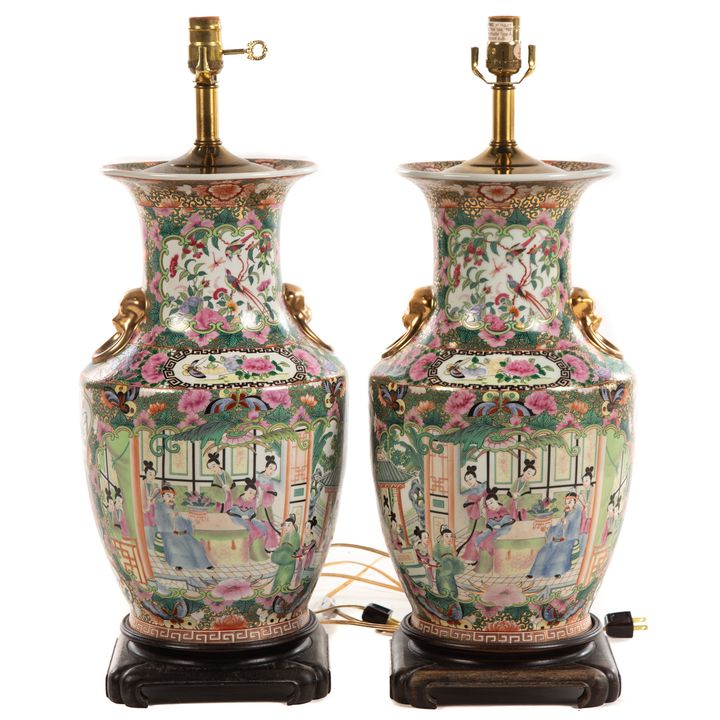 A Pair of Chinese Rose Medallion Table Lamps