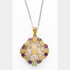 A hand-crafted sterling silver, opal and amethyst necklace