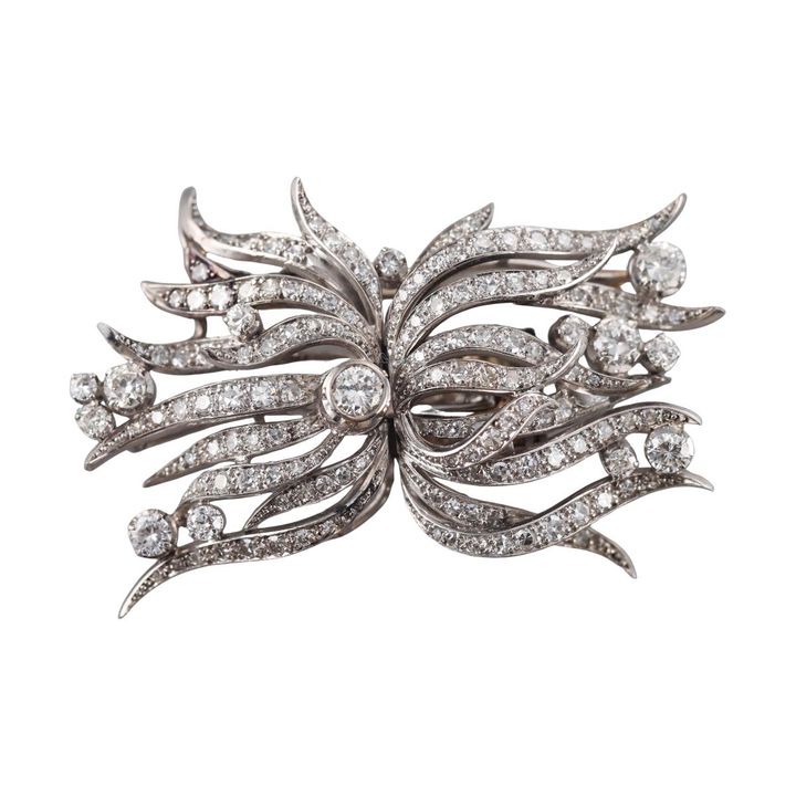 Midcentury Platinum 5ctw Diamond Clasp Brooch Pin