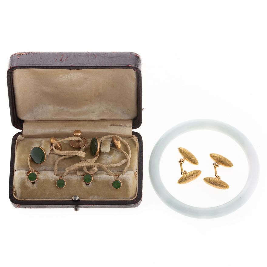 A Collection of Gent's Cufflinks & Jade Bangle
