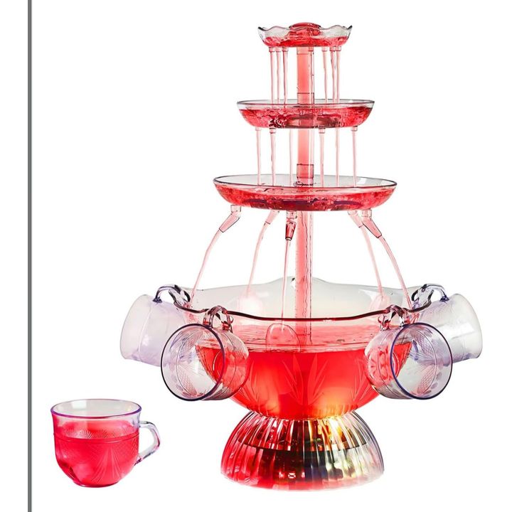 Rodieto Red Wine Party Fountain- 3 Tier Plastic Party Fountain w/ 5 Reusable Cups & LED Lighted Base