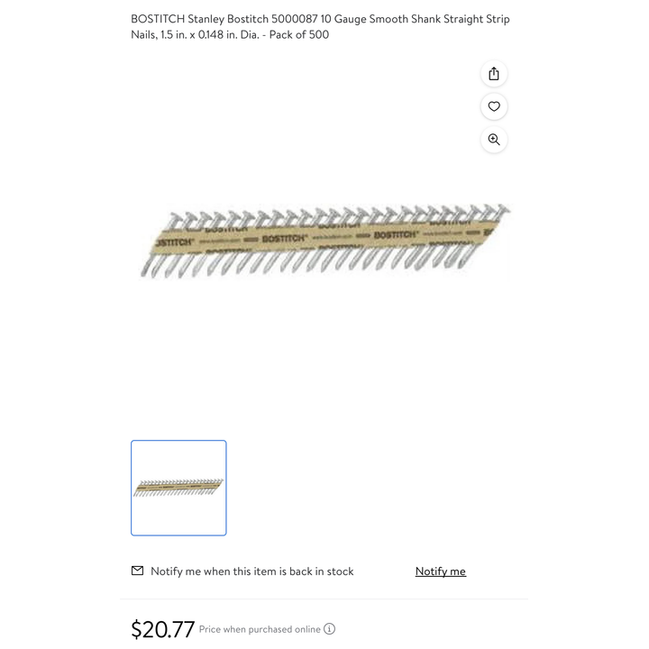 Bostitch StrapShot 500ct 1-1/2" Metal Connector Nails