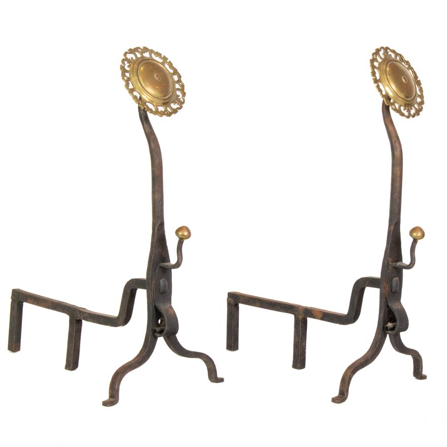 A pair of Arts & Crafts style bronze and iron andirons