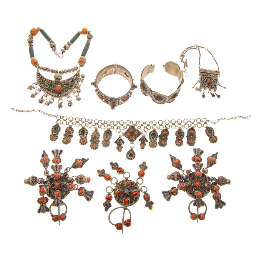 Collection of Berber Enameled Silver Jewelry