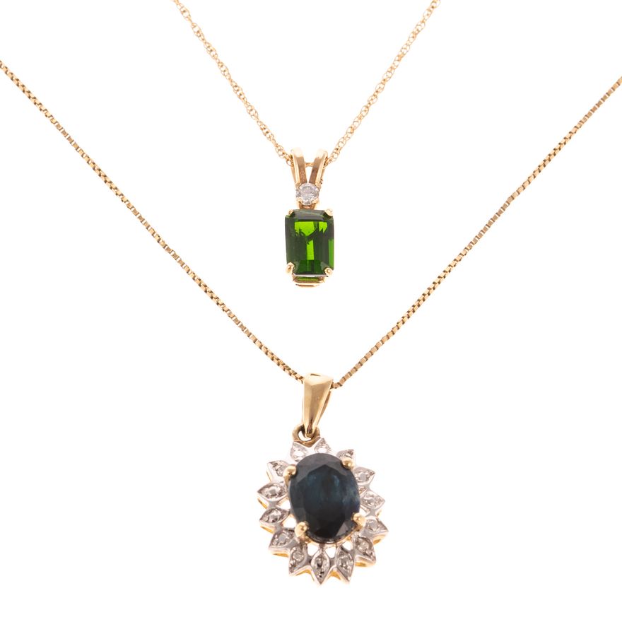 Two Gemstone Pendants on Chains in 10K & 14K