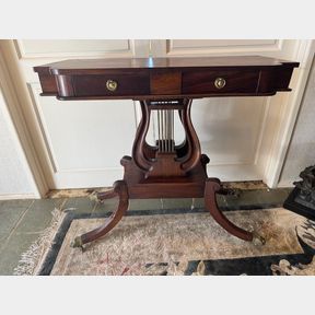 ANTIQUE 2-DRAWER PEDESTAL CONSOLE TABLE WITH LYRE SHAPED BASE
