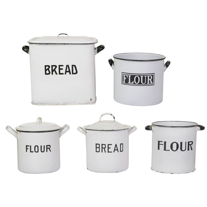 Five enamel kitchen bread and flour bins