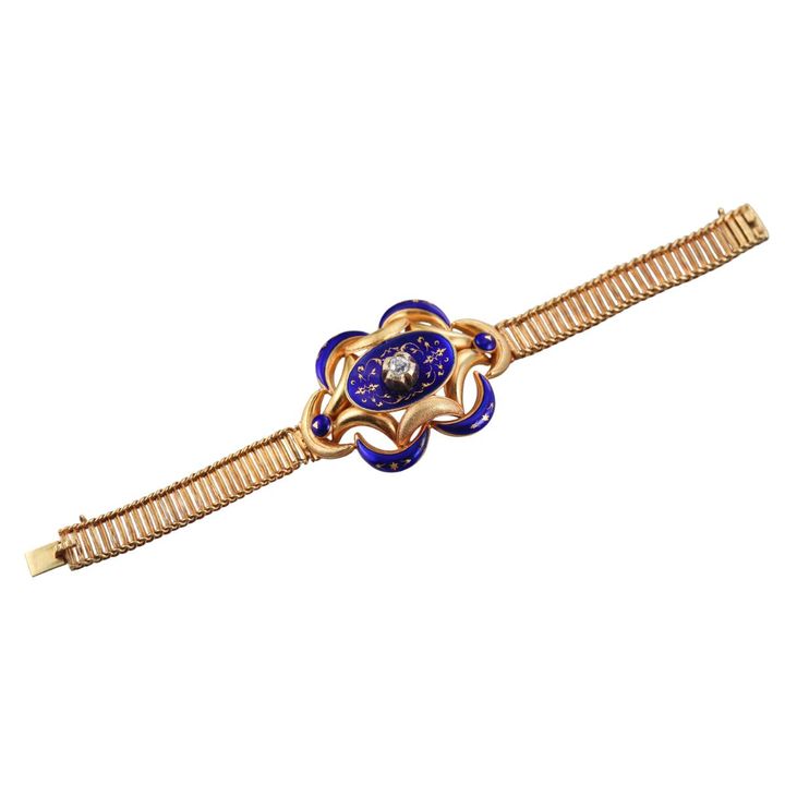 Antique Victorian 18k Gold Diamond Enamel Bracelet