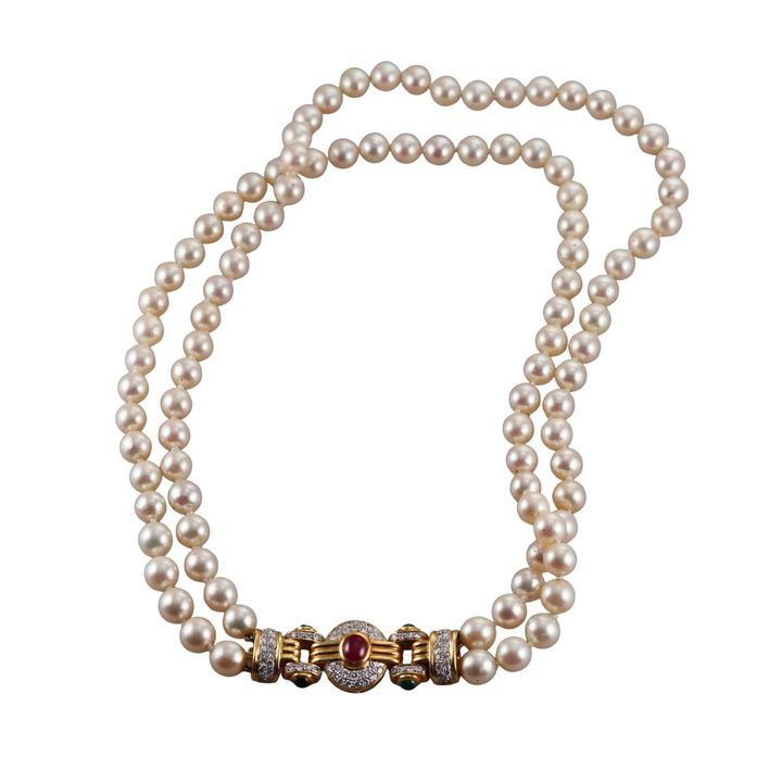 1980s 18k Gold Diamond Ruby Emerald Sapphire Pearl Necklace