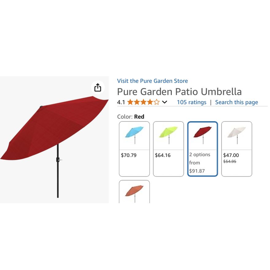 Pure Garden 10ft Patio Umbrella- Burgandy 120'' L x 120'' W x 98'' H In Box