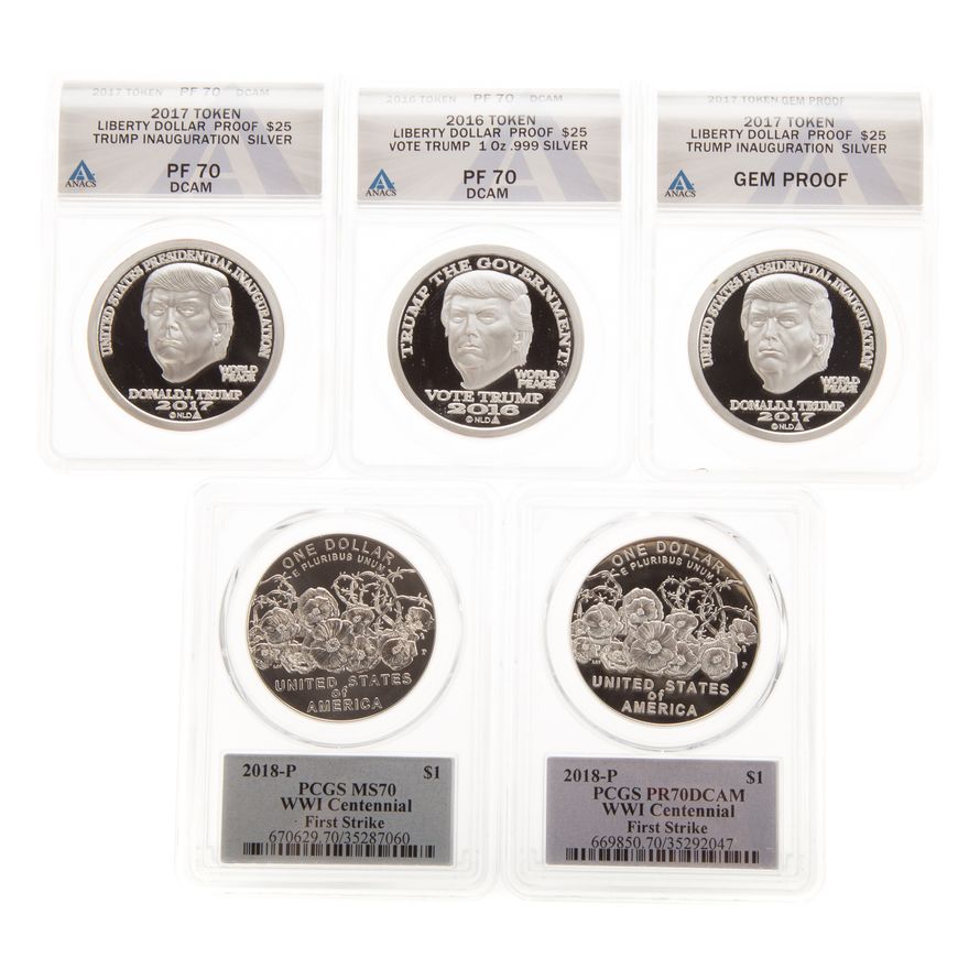 3 Trump Liberty Dollars and 2- WWI Centennials