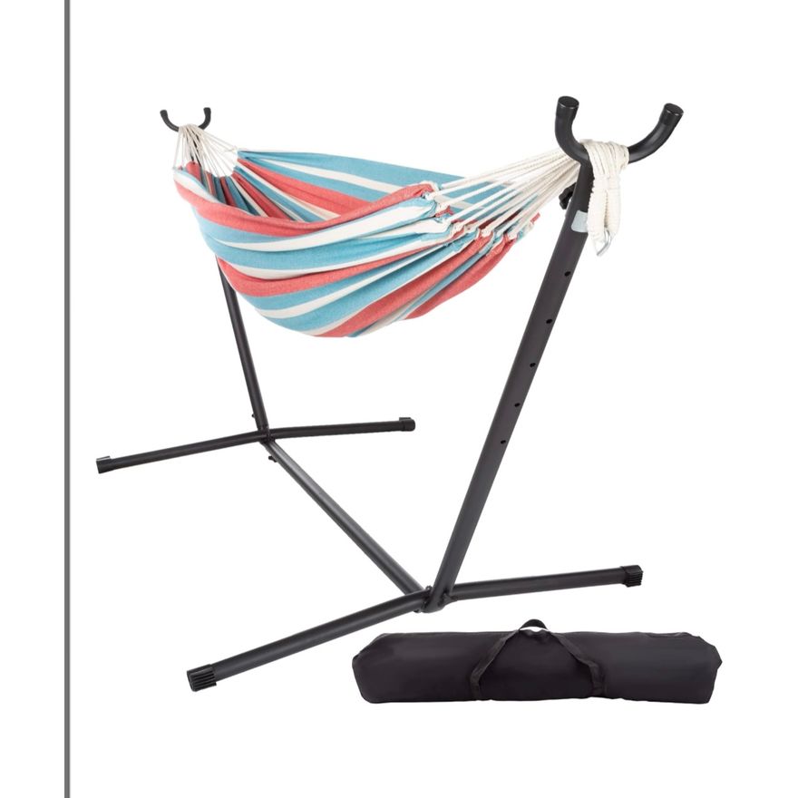 Pure Garden 2-Person Hammock w/ Stand Brazilian Style w/ 450lb Weight Capacity (Blue/Red Stripes) In Box- 110'' L x 42'' W