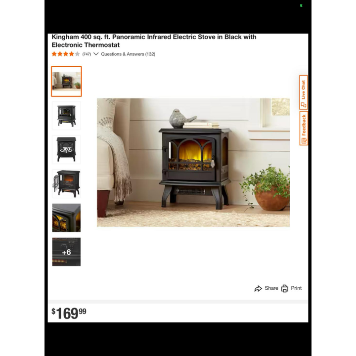 Hampton Bay 400Sq/Ft Panoramic LED 17'' Electric Stove w/ Electronical Thermostat- Black, 20'' H x 17'' W x 10'' D
