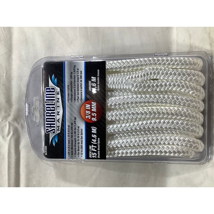 Shoreline Marine Dock Line Double Braid Nylon, 15ft, 3/8", White