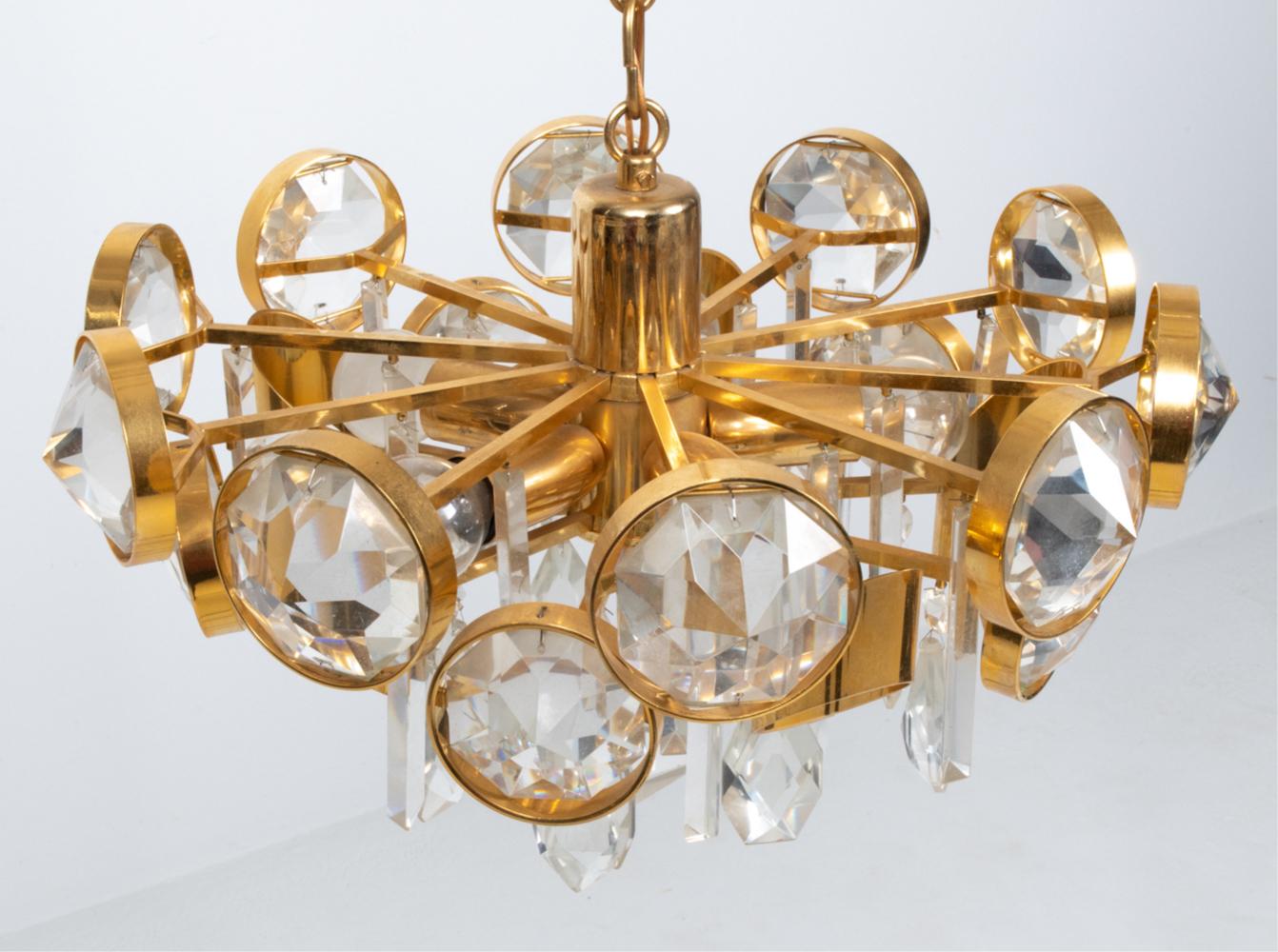 Chandelier in gilded Brass and Crystal Glass by Palwa, Austria