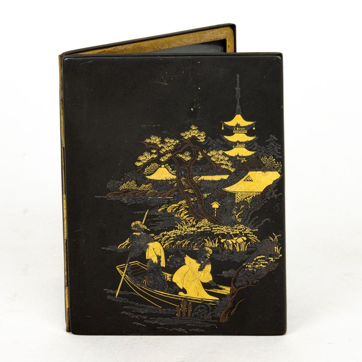A Japanese Komai style gilt and mixed damascene hinged picture frame, decorated with a landscape with shrine and boat 4