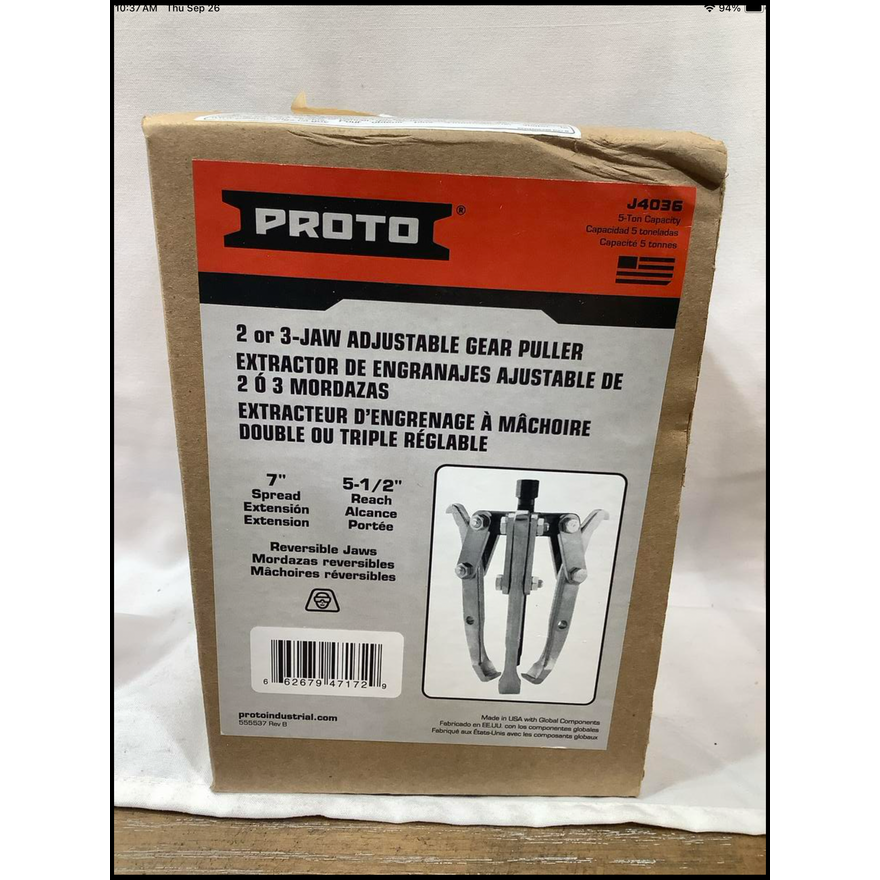 Proto 2 Or 3- Jaw Adjustable Gear Puller 7'' Spread & 5-1/2'' Reach
