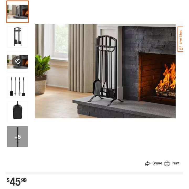 Black Finish 5pc Fireplace Toolset with Poker, Shovel, Brush, Tongs, & Stand (12" x 10.6" x 30.1")