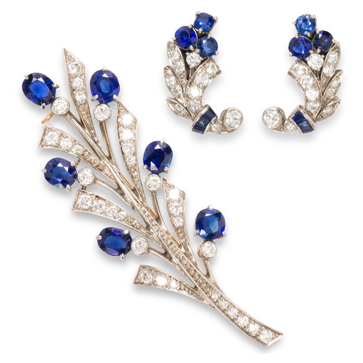 A pair of sapphire, diamond and palladium earrings and brooch suite, Tiffany and Co.