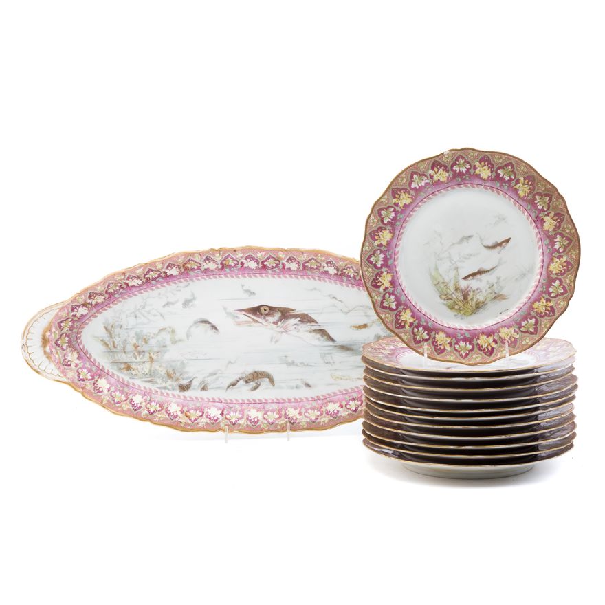 Limoges Paint Transfer Porcelain Fish Service
