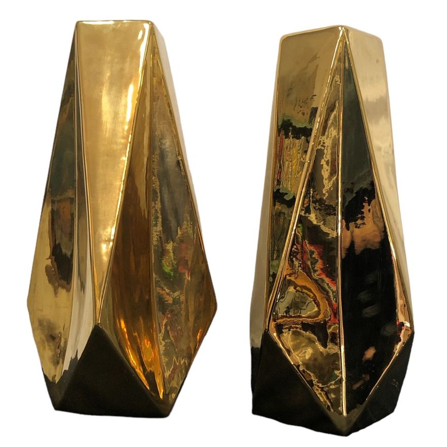 Mid Century Gold Chrome Abstract Vases, Pair