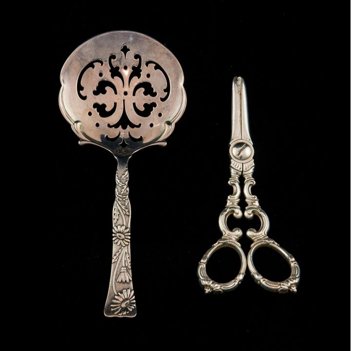 (Lot of 2) Tiffany Vine sterling tomato server and pair grape shears with scroll