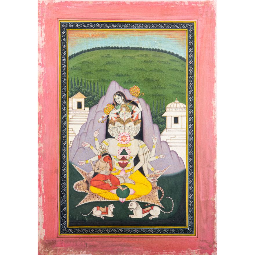 Indian Manoi miniature painting of a seated six headed Kartikeya or Subrahmanya