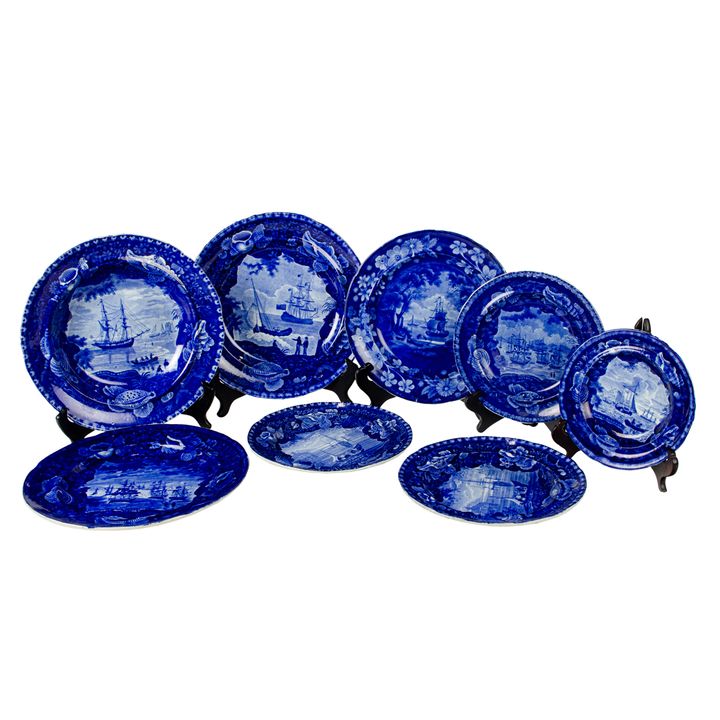 A group of English Staffordshire Enoch Wood & Sons dark blue transfer printed nautical historical pottery with shell borders