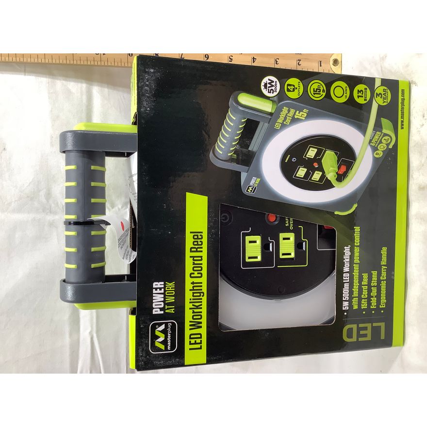 Masterplug LED Worklight Cord Reel, 4 Outlets, 15ft, 13 Amps
