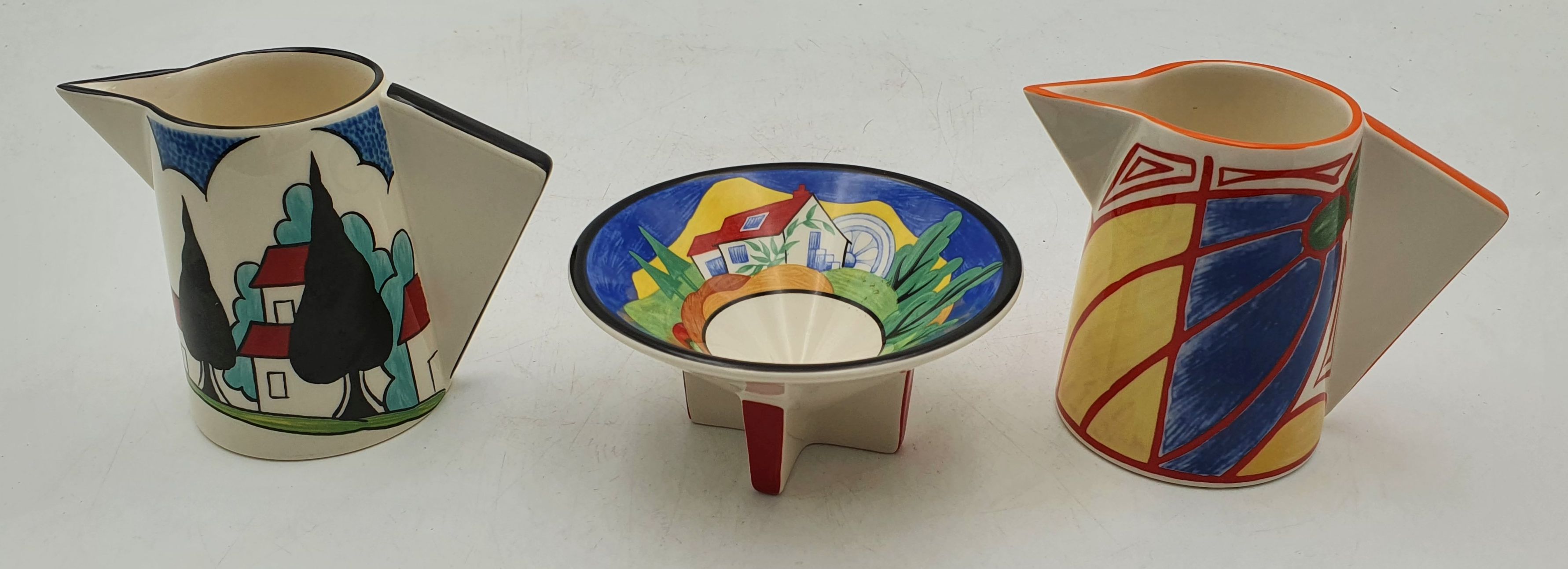 THREE REPRODUCTION CLARICE CLIFF 'BIZARRE SERIES' CERAMIC PIECES BY WEDGWOOD