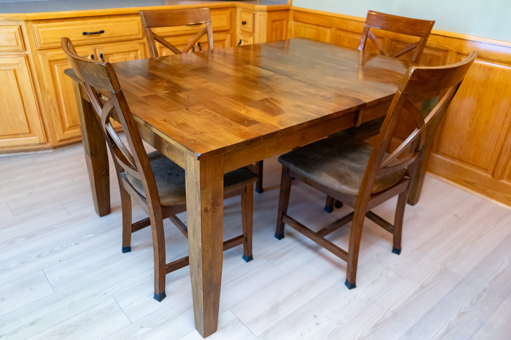 Urban Rustic Dining Table with Four Chairs and Bench | Harritt Group, Inc