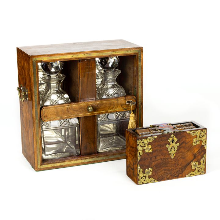 Two Victorian brass mounted burl walnut cases: tantalus and a book safe