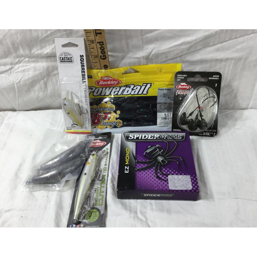 Fishing Lot Crankbait, 5" Junebug Worms, Football Heads, Spiderwire, & 8oz Spin Sinkers