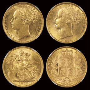 SOVEREIGNS (2), 1877M & 1885S, S3857 & S3855B, Victoria Young Head, bo…