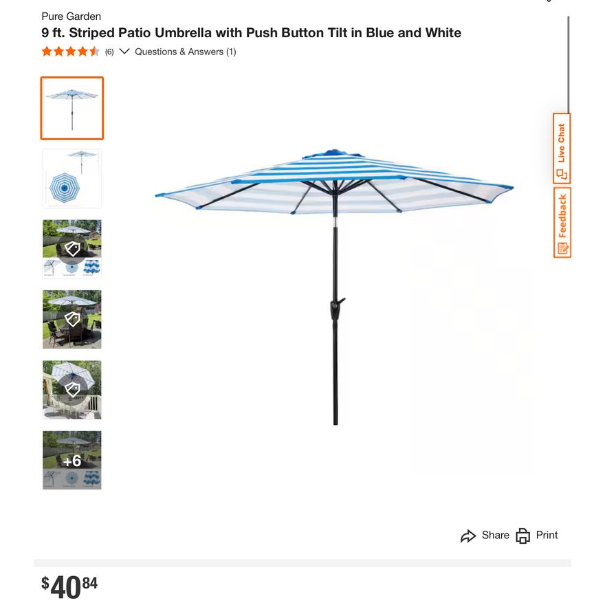 Pure Garden 9ft Striped Patio Umbrella w/ Push Button Tilt In Blue & White- 91'' H x 108'' W x 108'' D In Box