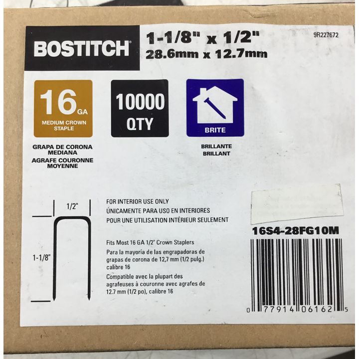 Bostitch 1-1/8" x 1/2" 16 Gauge Medium Crown Staples - Qty: 10,000