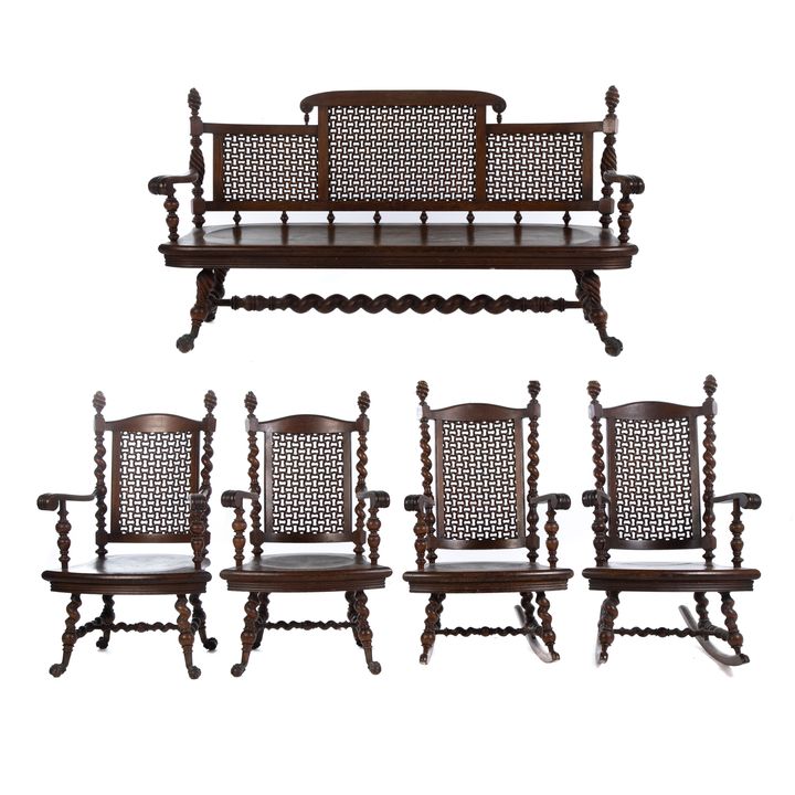 Five Piece Jacobean Revival Oak Parlor Set